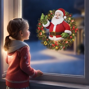 Dettaglio di Babbo Natale in una ghirlanda festiva su una vetrata per decorazione