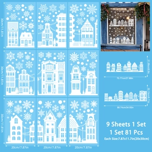 Detail of 9 sheets white winter city silhouette and snowflake window stickers set