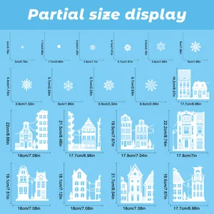 Detailed size chart for Christmas window stickers featuring winter city silhouettes and snowflakes