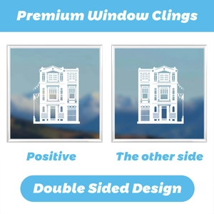 Detailed double-sided design of white winter city silhouette window clings for glass