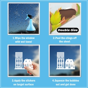 Detail showing four-step installation of double-sided Christmas city window stickers