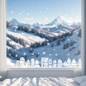 Detail of white Christmas window decals featuring winter city silhouettes and snowflakes