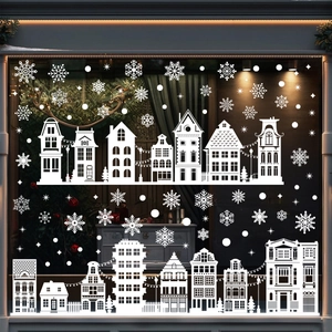 White Christmas Window Clings Static Snowflake Decals Winter City Silhouette Double Sided Glass Door Stickers For Holiday Shop Home Decor