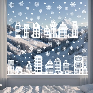 White Christmas window stickers featuring winter city silhouettes and snowflakes for glass decor