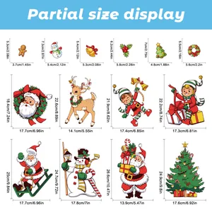 Size guide for Christmas stickers featuring Santa, snowman, and reindeer dimensions