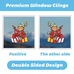 Double-sided Christmas window clings featuring cute elves on gift boxes for holiday decor