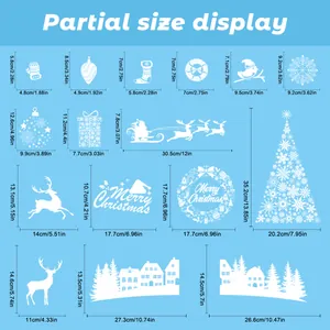 Size chart for white Christmas window stickers including reindeer and snowflake dimensions