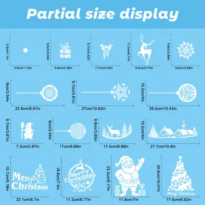 Size chart for white Christmas window stickers showing reindeer and snowflake dimensions