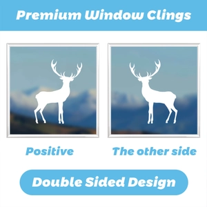 Detailed view of double-sided white reindeer window sticker with premium static cling design