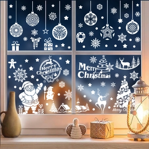White Christmas window decals with Santa Claus reindeer and snowflake patterns for home decor