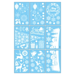 Detail of 9-sheet white Christmas window stickers featuring reindeer and snowflake designs