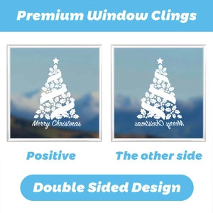 Detailed double sided white Christmas tree window cling with Merry Christmas text