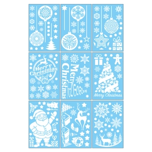 9-piece set of white Christmas window stickers featuring Santa, reindeer, and snowflakes