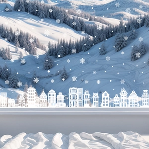 White Christmas window decals featuring winter city silhouettes and snowflakes on glass