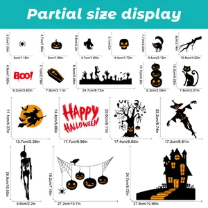 Detailed size chart for Halloween stickers featuring spiders, ghosts and a haunted house