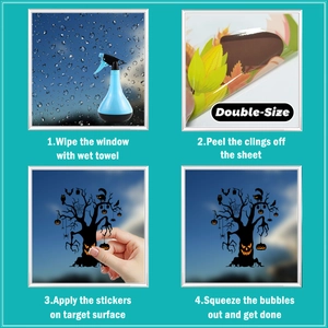 Four-step guide for applying Halloween window decals with pumpkin and bat motifs
