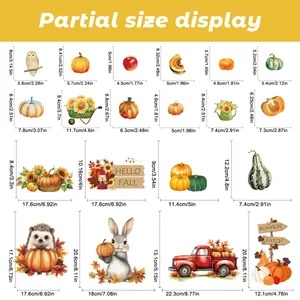 Size chart showing 20 fall pumpkin and scarecrow window stickers with precise dimensions