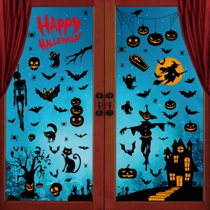 Halloween window clings featuring ghosts and witches on a rustic wood frame