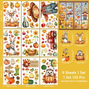 Set of 9 Thanksgiving window clings with pumpkins and scarecrows in warm autumn colors