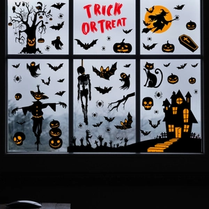 Halloween window decals set with haunted house, ghosts, pumpkins and Trick or Treat text