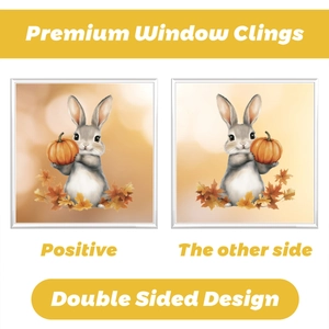 Double-sided window cling featuring a cute cartoon rabbit with pumpkin and autumn leaves