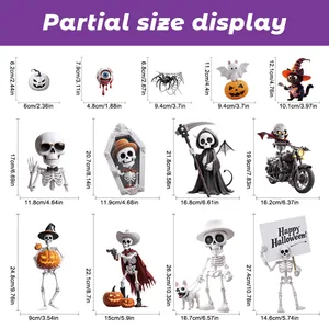 Detailed size chart for 13 Halloween window stickers including ghost, pumpkin, and skulls