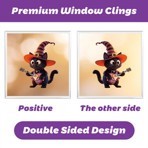 Detail of double sided Halloween window cling featuring a cartoon cat playing guitar