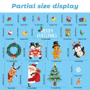 Size chart showing Christmas stickers dimensions including Santa, Reindeer and Snowman