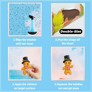Step-by-step guide showing gingerbread man window sticker installation process