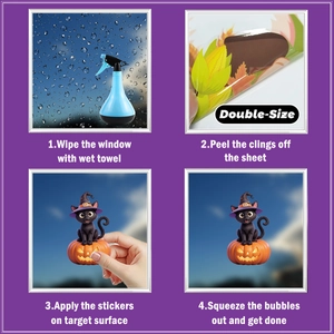 Step-by-step guide showing Halloween window cling application on glass surfaces