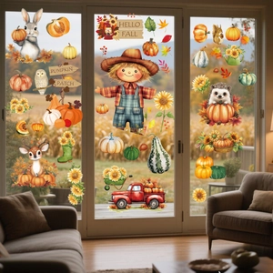 Fall window clings set featuring pumpkins, scarecrow, and autumn leaves for Thanksgiving