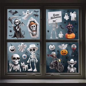 Detail of 3D Halloween window stickers featuring ghosts, bats, and pumpkins on glass