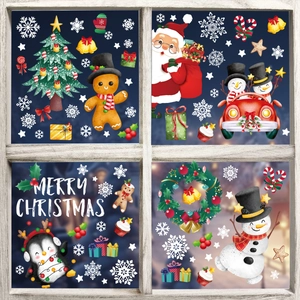 Detailed Christmas window stickers with Santa, snowman and festive snowflakes on glass