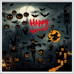 Halloween silhouette window stickers set with Happy Halloween text and spooky party icons