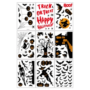 Set of 9 Halloween static stickers with pumpkins, witches, and spiders on white background