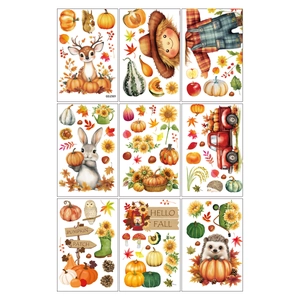 Set of 9 Thanksgiving window clings featuring autumn pumpkins, animals, and scarecrows