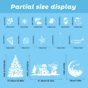 Size chart showing 14 white Christmas window sticker dimensions on blue background