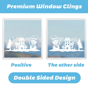 Double-sided white Christmas window stickers with snowman and snowy pine tree elements