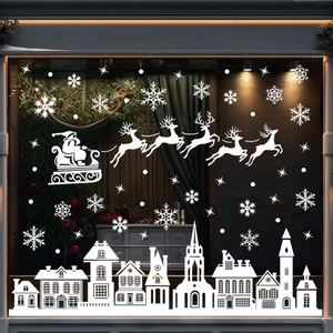 White Christmas window decals set with Santa sleigh reindeer and snow village silhouette
