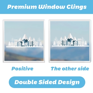 Double-sided premium window clings featuring white and dark blue snow mountain town silhouette