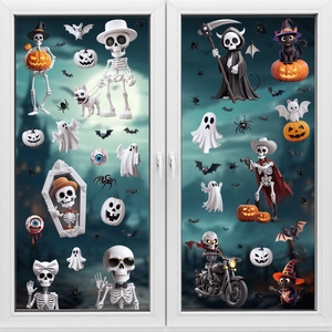 3D Halloween window decals featuring ghosts, skeletons and pumpkins in a night castle scene