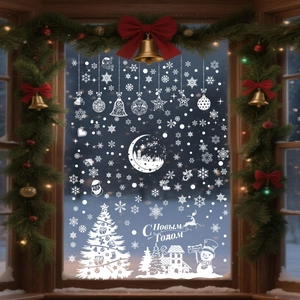 Detail of white Christmas tree and snowflake static window stickers for holiday decoration