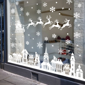 White Christmas window decals set featuring European village silhouettes and reindeer