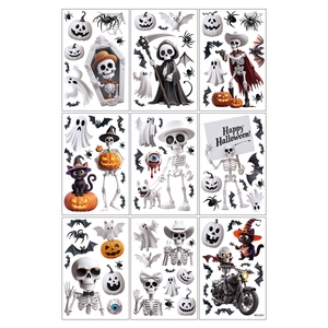 Halloween window stickers set featuring cartoon ghosts, spiders and pumpkins, 9 sheets kit