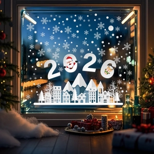 2026 Christmas window decals featuring Santa, reindeer, and snowy winter town silhouettes