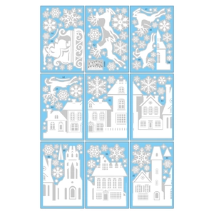 9-sheet set of white Christmas window decals featuring Santa, reindeer, and snowflakes
