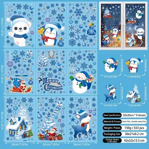 Blue Christmas window stickers set showing dimensions and festive snowflake motifs