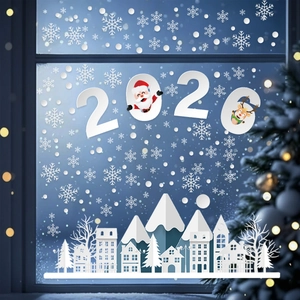 2026 Christmas window stickers featuring white snowflakes and winter town silhouettes