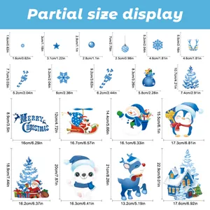 Size chart showing blue Christmas window stickers like snowman, flakes and reindeer stickers