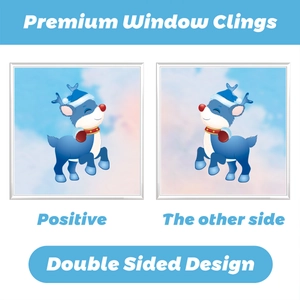 Double-sided blue Christmas reindeer window cling sticker with scarf and hat detail